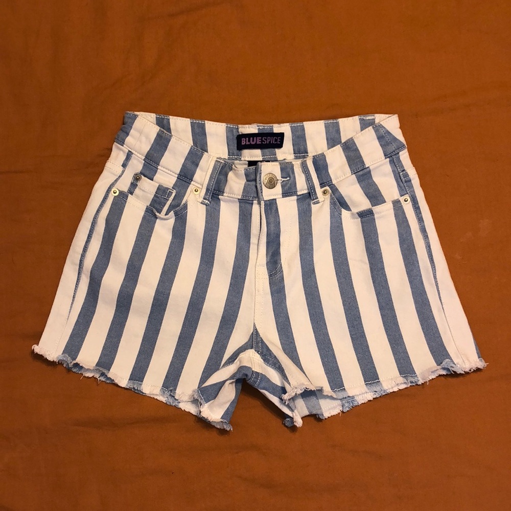 Blue and White Strip Denim Shorts